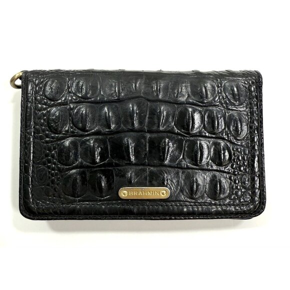 Brahmin Debra Pecan Melbourne Genuine Leather Croc Embossed Wallet Black - Picture 1 of 16